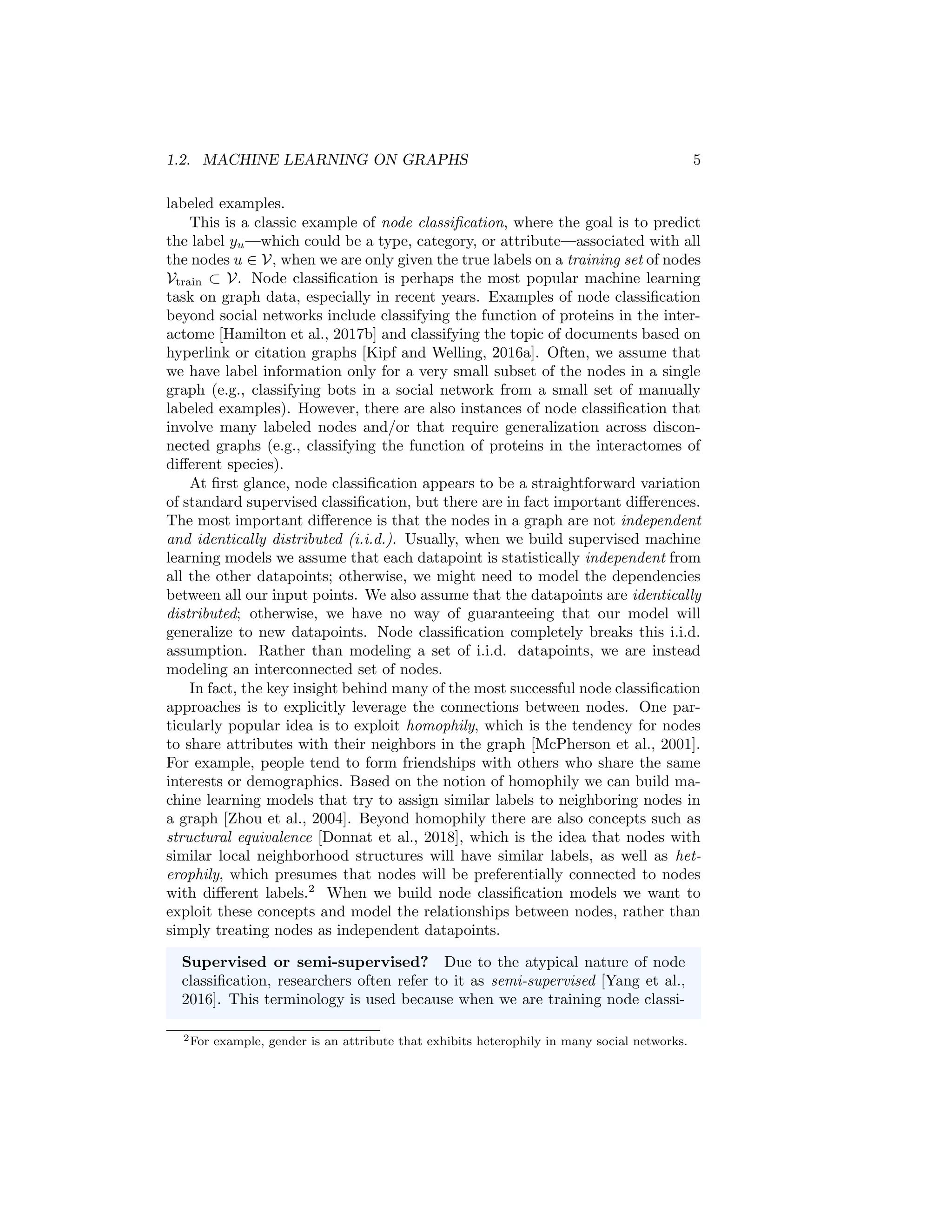 1.2. MACHINE LEARNING ON GRAPHS 5
labeled examples.
This is a classic example of node classification, where the goal is to predict
the label yu—which could be a type, category, or attribute—associated with all
the nodes u ∈ V, when we are only given the true labels on a training set of nodes
Vtrain ⊂ V. Node classification is perhaps the most popular machine learning
task on graph data, especially in recent years. Examples of node classification
beyond social networks include classifying the function of proteins in the inter-
actome [Hamilton et al., 2017b] and classifying the topic of documents based on
hyperlink or citation graphs [Kipf and Welling, 2016a]. Often, we assume that
we have label information only for a very small subset of the nodes in a single
graph (e.g., classifying bots in a social network from a small set of manually
labeled examples). However, there are also instances of node classification that
involve many labeled nodes and/or that require generalization across discon-
nected graphs (e.g., classifying the function of proteins in the interactomes of
different species).
At first glance, node classification appears to be a straightforward variation
of standard supervised classification, but there are in fact important differences.
The most important difference is that the nodes in a graph are not independent
and identically distributed (i.i.d.). Usually, when we build supervised machine
learning models we assume that each datapoint is statistically independent from
all the other datapoints; otherwise, we might need to model the dependencies
between all our input points. We also assume that the datapoints are identically
distributed; otherwise, we have no way of guaranteeing that our model will
generalize to new datapoints. Node classification completely breaks this i.i.d.
assumption. Rather than modeling a set of i.i.d. datapoints, we are instead
modeling an interconnected set of nodes.
In fact, the key insight behind many of the most successful node classification
approaches is to explicitly leverage the connections between nodes. One par-
ticularly popular idea is to exploit homophily, which is the tendency for nodes
to share attributes with their neighbors in the graph [McPherson et al., 2001].
For example, people tend to form friendships with others who share the same
interests or demographics. Based on the notion of homophily we can build ma-
chine learning models that try to assign similar labels to neighboring nodes in
a graph [Zhou et al., 2004]. Beyond homophily there are also concepts such as
structural equivalence [Donnat et al., 2018], which is the idea that nodes with
similar local neighborhood structures will have similar labels, as well as het-
erophily, which presumes that nodes will be preferentially connected to nodes
with different labels.2
When we build node classification models we want to
exploit these concepts and model the relationships between nodes, rather than
simply treating nodes as independent datapoints.
Supervised or semi-supervised? Due to the atypical nature of node
classification, researchers often refer to it as semi-supervised [Yang et al.,
2016]. This terminology is used because when we are training node classi-
2For example, gender is an attribute that exhibits heterophily in many social networks.
 
