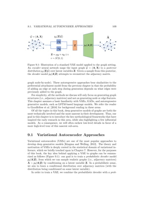 Chapter 9
Deep Generative Models
The traditional graph generation approaches discussed in the previous chapter
are useful in many settings. They can be used to efficiently generate synthetic
graphs that have certain properties, and they can be used to give us insight
into how certain graph structures might arise in the real world. However, a key
limitation of those traditional approaches is that they rely on a fixed, hand-
crafted generation process. In short, the traditional approaches can generate
graphs, but they lack the ability to learn a generative model from data.
In this chapter, we will introduce various approaches that address exactly
this challenge. These approaches will seek to learn a generative model of graphs
based on a set of training graphs. These approaches avoid hand-coding par-
ticular properties—such as community structure or degree distributions—into
a generative model. Instead, the goal of these approaches is to design models
that can observe a set of graphs {G1, ..., Gn} and learn to generate graphs with
similar characteristics as this training set.
We will introduce a series of basic deep generative models for graphs. These
models will adapt three of the most popular approaches to building general
deep generative models: variational autoencoders (VAEs), generative adversar-
ial networks (GANs), and autoregressive models. We will focus on the simple
and general variants of these models, emphasizing the high-level details and
providing pointers to the literature where necessary. Moreover, while these
generative techniques can in principle be combined with one another—for ex-
ample, VAEs are often combined with autoregressive approaches—we will not
discuss such combinations in detail here. Instead, we will begin with a dis-
cussion of basic VAE models for graphs, where we seek to generate an entire
graph all-at-once in an autoencoder style. Following this, we will discuss how
GAN-based objectives can be used in lieu of variational losses, but still in the
setting where the graphs are generated all-at-once. These all-at-once genera-
tive models are analogous to the ER and SBM generative models from the last
chapter, in that we sample all edges in the graph simultaneously. Finally, the
chapter will close with a discussion of autoregressive approaches, which allow
one to generate a graph incrementally instead of all-at-once (e.g., generating a
108
 
