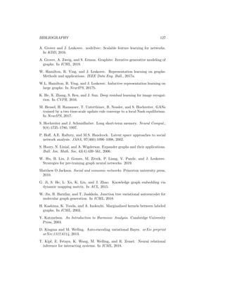 126 BIBLIOGRAPHY
J. Bruna, W. Zaremba, and Y. Szlam, A.and LeCun. Spectral networks and
locally connected networks on graphs. In ICLR, 2014.
C. Cangea, P. Veličković, N. Jovanović, T. Kipf, and P. Liò. Towards sparse
hierarchical graph classifiers. arXiv preprint arXiv:1811.01287, 2018.
S. Cao, W. Lu, and Q. Xu. GraRep: Learning graph representations with global
structural information. In KDD, 2015.
J. Chen, J. Zhu, and L. Song. Stochastic training of graph convolutional net-
works with variance reduction. In ICML, 2018.
K. Cho, B. Van Merriënboer, C. Gulcehre, D. Bahdanau, F. Bougares,
H. Schwenk, and Y. Bengio. Learning phrase representations using RNN
encoder-decoder for statistical machine translation. In EMNLP, 2014.
A. Clauset, C. Shalizi, and M.E.J. Newman. Power-law distributions in empir-
ical data. SIAM Rev., 51(4):661–703, 2009.
H. Dai, B. Dai, and L. Song. Discriminative embeddings of latent variable
models for structured data. In ICML, 2016.
N. De Cao and T. Kipf. MolGAN: An implicit generative model for small
molecular graphs. arXiv preprint arXiv:1805.11973, 2018.
M. Defferrard, X. Bresson, and P. Vandergheynst. Convolutional neural net-
works on graphs with fast localized spectral filtering. In NeurIPS, 2016.
J. Devlin, M. Chang, K. Lee, and K. Toutanova. BERT: Pre-training of deep
bidirectional transformers for language understanding. In NAACL-HLT, 2018.
C. Donnat, M. Zitnik, D. Hallac, and J. Leskovec. Graph wavelets for structural
role similarity in complex networks. In KDD, 2018.
J. Elman. Finding structure in time. Cog. Sci., 14(2):179–211, 1990.
P. Erdös and A. Rényi. On the evolution of random graphs. Publ. Math. Inst.
Hung. Acad. Sci, 5(1):17–60, 1960.
H. Gao and S. Ji. Graph u-nets. In ICML, 2019.
J. Gilmer, S. Schoenholz, P. Riley, O. Vinyals, and G. Dahl. Neural message
passing for quantum chemistry. In ICML, 2017.
I. Goodfellow, J. Pouget-Abadie, M. Mirza, B. Xu, D. Warde-Farley, S. Ozair,
A. Courville, and Y. Bengio. Generative adversarial nets. In NeurIPS, 2014.
I. Goodfellow, Y. Bengio, and A. Courville. Deep Learning. MIT press, 2016.
L. Grafakos. Classical and modern Fourier analysis. Prentice Hall, 2004.
 