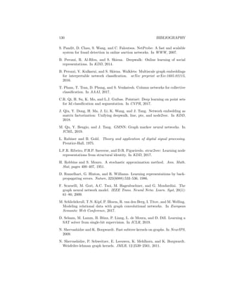 BIBLIOGRAPHY 129
M. McPherson, L. Smith-Lovin, and J. Cook. Birds of a feather: Homophily in
social networks. Annu. Rev. Sociol, 27(1):415–444, 2001.
C. Merkwirth and T. Lengauer. Automatic generation of complementary de-
scriptors with molecular graph networks. J. Chem. Inf. Model, 45(5):1159–
1168, 2005.
L. Mescheder, A. Geiger, and S. Nowozin. Which training methods for GANs
do actually converge? In ICML, 2018.
C.D. Meyer. Matrix analysis and applied linear algebra, volume 71. SIAM, 2000.
C. Morris, M. Ritzert, M. Fey, W.L. Hamilton, J. Lenssen, G. Rattan, and
M. Grohe. Weisfeiler and Leman go neural: Higher-order graph neural net-
works. In AAAI, 2019.
R. Murphy, B. Srinivasan, V. Rao, and B. Ribeiro. Janossy pooling: Learning
deep permutation-invariant functions for variable-size inputs. In ICLR, 2018.
R. Murphy, B. Srinivasan, V. Rao, and B. Ribeiro. Relational pooling for graph
representations. In ICML, 2019.
M. Newman. Mathematics of networks. The New Palgrave Dictionary of Eco-
nomics, pages 1–8, 2016.
M. Newman. Networks. Oxford University Press, 2018.
D. Nguyen, K. Sirts, L. Qu, and M. Johnson. STranse: A novel embed-
ding model of entities and relationships in knowledge bases. arXiv preprint
arXiv:1606.08140, 2016.
M. Nickel, V. Tresp, and H. Kriegel. A three-way model for collective learning
on multi-relational data. In ICML, 2011.
M. Nickel, K. Murphy, V. Tresp, and E. Gabrilovich. A review of relational
machine learning for knowledge graphs. Proc. IEEE, 104(1):11–33, 2016.
A. Oppenheim, R. Schafer, and J. Buck. Discrete-time signal processing. Pren-
tice Hall, 1999.
A. Ortega, P. Frossard, J. Kovačević, J. Moura, and P. Vandergheynst. Graph
signal processing: Overview, challenges, and applications. Proc. IEEE, 106
(5):808–828, 2018.
M. Ou, P. Cui, J. Pei, Z. Zhang, and W. Zhu. Asymmetric transitivity preserving
graph embedding. In KDD, 2016.
J. Padgett and C. Ansell. Robust action and the rise of the medici, 1400-1434.
Am. J. Sociol., 98(6):1259–1319, 1993.
L. Page, S. Brin, R. Motwani, and T. Winograd. The PageRank citation ranking:
Bringing order to the web. Technical report, Stanford InfoLab, 1999.
 