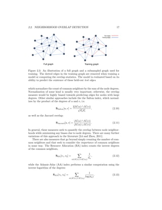2.2. NEIGHBORHOOD OVERLAP DETECTION 17
Test edges
Training edges
Full graph Training graph
Figure 2.3: An illustration of a full graph and a subsampled graph used for
training. The dotted edges in the training graph are removed when training a
model or computing the overlap statistics. The model is evaluated based on its
ability to predict the existence of these held-out test edges.
which normalizes the count of common neighbors by the sum of the node degrees.
Normalization of some kind is usually very important; otherwise, the overlap
measure would be highly biased towards predicting edges for nodes with large
degrees. Other similar approaches include the the Salton index, which normal-
izes by the product of the degrees of u and v, i.e.
SSalton[u, v] =
2|N(u) ∩ N(v)|
√
dudv
, (2.10)
as well as the Jaccard overlap:
SJaccard[u, v] =
|N(u) ∩ N(v)|
|N(u) ∪ N(v)|
. (2.11)
In general, these measures seek to quantify the overlap between node neighbor-
hoods while minimizing any biases due to node degrees. There are many further
variations of this approach in the literature [Lü and Zhou, 2011].
There are also measures that go beyond simply counting the number of com-
mon neighbors and that seek to consider the importance of common neighbors
in some way. The Resource Allocation (RA) index counts the inverse degrees
of the common neighbors,
SRA[v1, v2] =
X
u∈N (v1)∩N (v2)
1
du
, (2.12)
while the Adamic-Adar (AA) index performs a similar computation using the
inverse logarithm of the degrees:
SAA[v1, v2] =
X
u∈N (v1)∩N (v2)
1
log(du)
. (2.13)
 