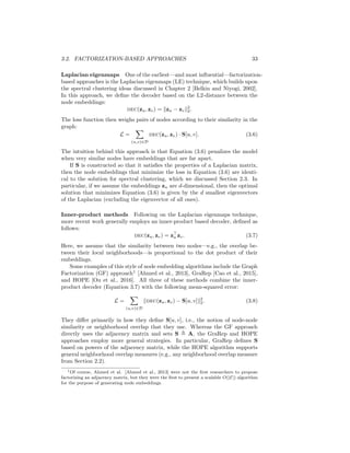 3.2. FACTORIZATION-BASED APPROACHES 33
Laplacian eigenmaps One of the earliest—and most influential—factorization-
based approaches is the Laplacian eigenmaps (LE) technique, which builds upon
the spectral clustering ideas discussed in Chapter 2 [Belkin and Niyogi, 2002].
In this approach, we define the decoder based on the L2-distance between the
node embeddings:
dec(zu, zv) = kzu − zvk2
2.
The loss function then weighs pairs of nodes according to their similarity in the
graph:
L =
X
(u,v)∈D
dec(zu, zv) · S[u, v]. (3.6)
The intuition behind this approach is that Equation (3.6) penalizes the model
when very similar nodes have embeddings that are far apart.
If S is constructed so that it satisfies the properties of a Laplacian matrix,
then the node embeddings that minimize the loss in Equation (3.6) are identi-
cal to the solution for spectral clustering, which we discussed Section 2.3. In
particular, if we assume the embeddings zu are d-dimensional, then the optimal
solution that minimizes Equation (3.6) is given by the d smallest eigenvectors
of the Laplacian (excluding the eigenvector of all ones).
Inner-product methods Following on the Laplacian eigenmaps technique,
more recent work generally employs an inner-product based decoder, defined as
follows:
dec(zu, zv) = z
u zv. (3.7)
Here, we assume that the similarity between two nodes—e.g., the overlap be-
tween their local neighborhoods—is proportional to the dot product of their
embeddings.
Some examples of this style of node embedding algorithms include the Graph
Factorization (GF) approach1
[Ahmed et al., 2013], GraRep [Cao et al., 2015],
and HOPE [Ou et al., 2016]. All three of these methods combine the inner-
product decoder (Equation 3.7) with the following mean-squared error:
L =
X
(u,v)∈D
kdec(zu, zv) − S[u, v]k2
2. (3.8)
They differ primarily in how they define S[u, v], i.e., the notion of node-node
similarity or neighborhood overlap that they use. Whereas the GF approach
directly uses the adjacency matrix and sets S , A, the GraRep and HOPE
approaches employ more general strategies. In particular, GraRep defines S
based on powers of the adjacency matrix, while the HOPE algorithm supports
general neighborhood overlap measures (e.g., any neighborhood overlap measure
from Section 2.2).
1Of course, Ahmed et al. [Ahmed et al., 2013] were not the first researchers to propose
factorizing an adjacency matrix, but they were the first to present a scalable O(|E|) algorithm
for the purpose of generating node embeddings.
 