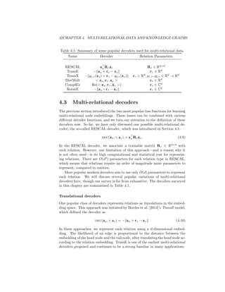 42CHAPTER 4. MULTI-RELATIONAL DATA AND KNOWLEDGE GRAPHS
Table 4.1: Summary of some popular decoders used for multi-relational data.
Name Decoder Relation Parameters
RESCAL z
u Rτ zv Rτ ∈ Rd×d
TransE −kzu + rτ − zvk rτ ∈ Rd
TransX −kg1,τ (zu) + rτ − g2,τ (zv)k rτ ∈ Rd
, g1,τ , g2,τ ∈ Rd
→ Rd
DistMult  zu, rτ , zv  rτ ∈ Rd
ComplEx Re( zu, rτ , z̄v ) rτ ∈ Cd
RotatE −kzu ◦ rτ − zvk rτ ∈ Cd
4.3 Multi-relational decoders
The previous section introduced the two most popular loss functions for learning
multi-relational node embeddings. These losses can be combined with various
different decoder functions, and we turn our attention to the definition of these
decoders now. So far, we have only discussed one possible multi-relational de-
coder, the so-called RESCAL decoder, which was introduced in Section 4.1:
dec(zu, τ, zv) = z
u Rτ zv. (4.9)
In the RESCAL decoder, we associate a trainable matrix Rτ ∈ Rd×d
with
each relation. However, one limitation of this approach—and a reason why it
is not often used—is its high computational and statistical cost for represent-
ing relations. There are O(d2
) parameters for each relation type in RESCAL,
which means that relations require an order of magnitude more parameters to
represent, compared to entities.
More popular modern decoders aim to use only O(d) parameters to represent
each relation. We will discuss several popular variations of multi-relational
decoders here, though our survey is far from exhaustive. The decoders surveyed
in this chapter are summarized in Table 4.1.
Translational decoders
One popular class of decoders represents relations as translations in the embed-
ding space. This approach was initiated by Bordes et al. [2013]’s TransE model,
which defined the decoder as
dec(zu, τ, zv) = −kzu + rτ − zvk. (4.10)
In these approaches, we represent each relation using a d-dimensional embed-
ding. The likelihood of an edge is proportional to the distance between the
embedding of the head node and the tail node, after translating the head node ac-
cording to the relation embedding. TransE is one of the earliest multi-relational
decoders proposed and continues to be a strong baseline in many applications.
 