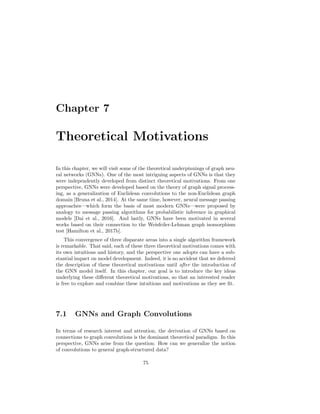 74 CHAPTER 6. GRAPH NEURAL NETWORKS IN PRACTICE
Section 6.2.2 lead to this kind of regularization as a side effect, making it a very
common strategy in large-scale GNN applications.
 