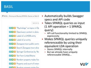 Vrije Universiteit Amsterdam
 Automatically builds Swagger
specs and API code
 Takes SPARQL queries as input
(1 API operation = 1 SPARQL
query)
> API call functionality limited to SPARQL
expressivity
 Makes SPARQL queries uniquely
referenceable by using their
equivalent LDA operation
> Stores SPARQL internally
> But we already have uniquely
referenceable SPARQL…
10
BASIL
 
