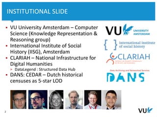 Vrije Universiteit Amsterdam
 VU University Amsterdam – Computer
Science (Knowledge Representation &
Reasoning group)
 International Institute of Social
History (IISG), Amsterdam
 CLARIAH – National Infrastructure for
Digital Humanities
> DataLegend : Structured Data Hub
 DANS: CEDAR – Dutch historical
censuses as 5-star LOD
2
INSTITUTIONAL SLIDE
 