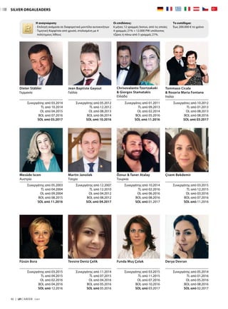 42  |  LR CAREER  7/2017
SILVER ORGALEADERS
Η αναγνώριση:
· Επιλογή ανάμεσα σε διαφορετικά μοντέλα αυτοκινήτων
· Τιμητική Καρφίτσα από χρυσό, στολισμένη με 4
πολύτιμους λίθους
Οι επιδόσεις:
6 μήνες 12 γραμμές bonus, από τις οποίες
4 γραμμές 21% + 12.000 PW υπόλοιπος
τζίρος ή πάνω από 5 γραμμές 21%.
Το εισόδημα:
Έως 200.000 € το χρόνο
Dieter Stäbler
Γερμανία
Συνεργάτης από 03.2014
TL από 10.2014
OL από 04.2015
BOL από 07.2016
SOL από 03.2017
Mesüde Iscen
Αυστρία
Συνεργάτης από 05.2003
TL από 04.2004
OL από 09.2004
BOL από 08.2015
SOL από 11.2016
Jean Baptiste Gayout
Γαλλία
Συνεργάτης από 05.2012
TL από 12.2012
OL από 08.2013
BOL από 06.2014
SOL από 10.2016
Martin Janošek
Τσεχία
Συνεργάτης από 12.2007
TL από 12.2010
OL από 04.2012
BOL από 08.2012
SOL από 04.2017
Chrisovalanto Tzortzakaki
 Giorgos Stamatakis
Ελλάδα
Συνεργάτες από 01.2011
TL από 09.2013
OL από 02.2014
BOL από 05.2016
SOL από 11.2016
Öznur  Taner Atalay
Τουρκία
Συνεργάτης από 10.2014
TL από 02.2016
OL από 06.2016
BOL από 08.2016
SOL από 01.2017
Tommaso Cicala
 Rosaria Maria Fontana
Ιταλία
Συνεργάτες από 10.2012
TL από 01.2013
OL από 08.2013
BOL από 08.2016
SOL από 03.2017
Çisem Bekdemir
Συνεργάτης από 03.2015
TL από 12.2015
OL από 03.2016
BOL από 07.2016
SOL από 11.2016
Füsün Bora
Συνεργάτης από 03.2015
TL από 09.2015
OL από 02.2016
BOL από 04.2016
SOL από 12.2016
Tevsire Deniz Çelik
Συνεργάτης από 11.2014
TL από 07.2015
OL από 04.2016
BOL από 05.2016
SOL από 05.2016
Funda Muş Çolak
Συνεργάτης από 03.2015
TL από 11.2015
OL από 07.2016
BOL από 10.2016
SOL από 03.2017
Derya Devran
Συνεργάτης από 05.2014
TL από 01.2016
OL από 05.2016
BOL από 08.2016
SOL από 02.2017
 