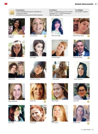 BRONZE ORGALEADERS
Nilgün Aras
Τουρκία »
Sinem Çakmak Özlem Çimecioğlu Nigar  Orhan Coşkun
Osman EmirzeoğluFunda Durakoğlu
Ozgen Kayikcioglu Canan Öcal Nermin Örgün Cennet Özer
Semra Uztuğ Zeynep Yenice
Ceren Gürsoy Şennur Karabulut
Deniz Doğan
Nil Dağgezen
Hilal Selcen GökmenÇiğdem Erkan
Aycan Sayın Fatma Upçın
7/2017  LR CAREER  |  45
Η αναγνώριση:
• Τιμητική Καρφίτσα από χρυσό, στολισμένη με
4 πολύτιμους λίθους
• Εκπαίδευση και συμμετοχή σε ειδικά σεμινάρια
Οι επιδόσεις:
6 μήνες 12 γραμμές bonus, από τις οποίες
2 γραμμές 21% + 12.000 PW υπόλοιπος
τζίρος ή 3 γραμμές 21%.
Το εισόδημα:
Έως 85.000 € το χρόνο
 