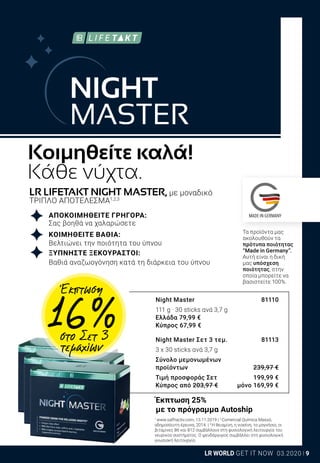 9LR WORLD GET IT NOW 03.2020
NIGHT
MASTER
Κοιμηθείτε καλά!
Κάθε νύχτα.
1
www.saffractiv.com, 13.11.2019 | 2
Comercial Química Massó,
αδημοσίευτη έρευνα, 2014. | 3
Η θειαμίνη, η νιασίνη, το μαγνήσιο, οι
βιταμίνες Β6 και Β12 συμβάλλουν στη φυσιολογική λειτουργία του
νευρικού συστήματος. Ο ψευδάργυρος συμβάλλει στη φυσιολογική
γνωσιακή λειτουργία.
Night Master	 81110
111 g · 30 sticks ανά 3,7 g
Ελλάδα 79,99 €
Κύπρος 67,99 €
Night Master Σετ 3 τεμ.	 81113
3 x 30 sticks ανά 3,7 g
Σύνολο μεμονωμένων
προϊόντων	 239,97 €
Τιμή προσφοράς Σετ	 199,99 €
Κύπρος από 203,97 €	 μόνο 169,99 €
LR LIFETAKT NIGHT MASTER, με μοναδικό
ΤΡΙΠΛΟ ΑΠΟΤΕΛΕΣΜΑ1,2,3
	 ΑΠΟΚΟΙΜΗΘΕΙΤΕ ΓΡΗΓΟΡΑ:
	 Σας βοηθά να χαλαρώσετε
	 ΚΟΙΜΗΘΕΙΤΕ ΒΑΘΙΑ:
	 Βελτιώνει την ποιότητα του ύπνου
	 ΞΥΠΝΗΣΤΕ ΞΕΚΟΥΡΑΣΤΟΙ:
	 Βαθιά αναζωογόνηση κατά τη διάρκεια του ύπνου
Έκπτωση 25%
με το πρόγραμμα Autoship
Έκπτωση
16 %στο Σετ 3
τεμαχίων
Τα προϊόντα μας
ακολουθούν τα
πρότυπα ποιότητας
“Made in Germany”.
Αυτή είναι η δική
μας υπόσχεση
ποιότητας, στην
οποία μπορείτε να
βασιστείτε 100%.
 