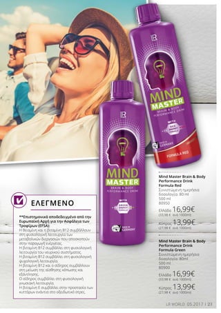 23LR WORLD 05.2017
Mind Master Brain  Body
Performance Drink
Formula Red
Συνιστώμενη ημερήσια
δοσολογία: 80 ml
500 ml
80950
Ελλάδα 16,99€
(33,98 € ανά 1000ml)
Κύπρος 13,99€
(27,98 € ανά 1000ml)
Mind Master Brain  Body
Performance Drink
Formula Green
Συνιστώμενη ημερήσια
δοσολογία: 80ml
500 ml
80900
Ελλάδα 16,99€
(33,98 € ανά 1000ml)
Κύπρος 13,99€
(27,98 € ανά 1000ml)
**Επιστημονικά αποδεδειγμένο από την
Ευρωπαϊκή Αρχή για την Ασφάλεια των
Τροφίμων (EFSA):
Η θειαμίνη και η βιταμίνη Β12 συμβάλλουν
στη φυσιολογική λειτουργία των
μεταβολικών διεργασιών που αποσκοπούν
στην παραγωγή ενέργειας.
Η βιταμίνη Β12 συμβάλλει στη φυσιολογική
λειτουργία του νευρικού συστήματος.
Η βιταμίνη Β12 συμβάλλει στη φυσιολογική
ψυχολογική λειτουργία.
Η βιταμίνη Β12 και ο σίδηρος συμβάλλουν
στη μείωση της αίσθησης κόπωσης και
εξάντλησης.
Ο σίδηρος συμβάλλει στη φυσιολογική
γνωσιακή λειτουργία.
Η βιταμίνη Ε συμβάλλει στην προστασία των
κυττάρων ενάντια στο οξειδωτικό στρες.
ΕΛΕΓΜΕΝΟ
23
 