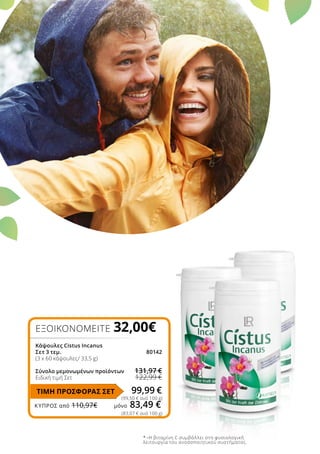 ΚΎΠΡΟΣ από 110,97€	 μόνο 83,49 €
(99,50 € ανά 100 g)
(83,07 € ανά 100 g)
ΕΞΟΙΚΟΝΟΜΕΙΤΕ 32,00€
Κάψουλες Cistus Incanus
Σετ 3 τεμ. 	 80142
(3 x 60 κάψουλες/ 33,5 g)
Σύνολο μεμονωμένων προϊόντων	 131,97 €
Ειδική τιμή Σετ	 122,99 €
*¬Η βιταμίνη C συμβάλλει στη φυσιολογική
λειτουργία του ανοσοποιητικού συστήματος.
99,99 €ΤΙΜΗ ΠΡΟΣΦΟΡΑΣ ΣΕΤ
 