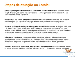 Etapas da atuação na Escola:
Articulação da proposta de criação do Grêmio com a comunidade escolar: conversas com a
direção da escola, coordenadores e professores e outros agentes da comunidade escolar que
possam contribuir com o processo
Mobilização dos alunos para participar das oficinas: Visitas a todas as sala de aula e convite
aos alunos para que participem; colocação de cartazes convidando os alunos a participar.
Seleção do grupo de alunos para participar das oficinas: Os educadores do projeto, junto com
a direção ou a coordenação pedagógica, definem os 30 participantes das oficinas. Procuram
escolher alunos com um perfil de mobilização e um potencial de liderança – não necessariamente
os alunos com melhor rendimento escolar ou com um “bom comportamento”.
Realização das oficinas: Oficinas semanais e ministradas em dupla. A formação parte de
discussões mais amplas sobre democracia, participação e cidadania até chegar nos detalhes da
formação de um grêmio, criação de estatuto, processo de eleição de chapas, gestão etc.
Suporte à criação do grêmio e das eleições para a primeira gestão: Acompanhamento pontual
da equipe de educadores para esclarecer dúvidas e ajudar a chapa eleita a planejar suas ações.
 
