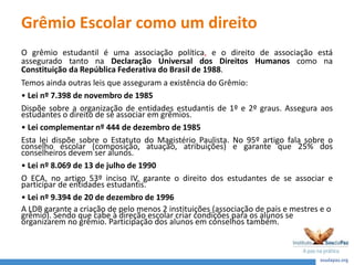 Grêmio Escolar como um direito
O grêmio estudantil é uma associação política, e o direito de associação está
assegurado tanto na Declaração Universal dos Direitos Humanos como na
Constituição da República Federativa do Brasil de 1988.
Temos ainda outras leis que asseguram a existência do Grêmio:
• Lei nº 7.398 de novembro de 1985
Dispõe sobre a organização de entidades estudantis de 1º e 2º graus. Assegura aos
estudantes o direito de se associar em grêmios.
• Lei complementar nº 444 de dezembro de 1985
Esta lei dispõe sobre o Estatuto do Magistério Paulista. No 95º artigo fala sobre o
conselho escolar (composição, atuação, atribuições) e garante que 25% dos
conselheiros devem ser alunos.
• Lei nº 8.069 de 13 de julho de 1990
O ECA, no artigo 53º inciso IV, garante o direito dos estudantes de se associar e
participar de entidades estudantis.
• Lei nº 9.394 de 20 de dezembro de 1996
A LDB garante a criação de pelo menos 2 instituições (associação de pais e mestres e o
grêmio). Sendo que cabe à direção escolar criar condições para os alunos se
organizarem no grêmio. Participação dos alunos em conselhos também.
 