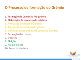 O Processo de formação do Grêmio
1. Formação da Comissão Pró-grêmio
2. Elaboração de proposta de estatuto
3. Realização de Assembléia Geral
4. Aprovação do estatuto do grêmio
5. Definição dos membros da Comissão Eleitoral
6. Formação das chapas
7. Debates
8. Eleição
9. Ata de eleição
10. Posse da diretoria
 