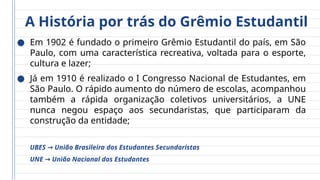 A História por trás do Grêmio Estudantil
● Em 1902 é fundado o primeiro Grêmio Estudantil do país, em São
Paulo, com uma característica recreativa, voltada para o esporte,
cultura e lazer;
● Já em 1910 é realizado o I Congresso Nacional de Estudantes, em
São Paulo. O rápido aumento do número de escolas, acompanhou
também a rápida organização coletivos universitários, a UNE
nunca negou espaço aos secundaristas, que participaram da
construção da entidade;
UBES União Brasileira dos Estudantes Secundaristas
→
UNE União Nacional dos Estudantes
→
 