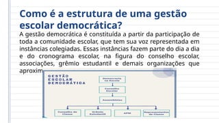 Como é a estrutura de uma gestão
escolar democrática?
A gestão democrática é constituída a partir da participação de
toda a comunidade escolar, que tem sua voz representada em
instâncias colegiadas. Essas instâncias fazem parte do dia a dia
e do cronograma escolar, na figura do conselho escolar,
associações, grêmio estudantil e demais organizações que
aproximam as pessoas da gestão.
 