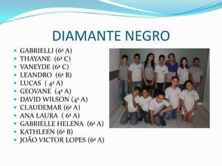 DIAMANTE NEGROGABRIELLI (6ª A)THAYANE  (6ª C)VANEYDE (6ª C)LEANDRO  (6ª B)LUCAS  ( 4ª A)GEOVANE  (4ª A)DAVID WILSON (4ª A)CLAUDEMAR (6ª A)ANA LAURA  ( 6ª A)GABRIELLE HELENA  (6ª A)KATHLEEN (6ª B)JOÃO VICTOR LOPES (6ª A)