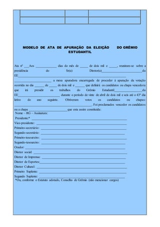 MODELO DE ATA DE APURAÇÃO DA ELEIÇÃO DO GRÊMIO
ESTUDANTIL
Ata nº ___Aos _____________ dias do mês de _____ de dois mil e _____, reuniram-se sobre a
presidência do Sr(a) Diretor(a)_________________________da
EE___________________________________________________________________
_______________________ a mesa apuradora encarregada de proceder à apuração da votação
ocorrida no dia ______ de _____ de dois mil e ______ que definirá os candidatos ou chapa vencedora
que irá presidir os trabalhos do Grêmio Estudantil_________________da
EE__________________________ durante o período de vinte de abril de dois mil e seis até o 43º dia
letivo do ano seguinte. Obtiveram votos os candidatos ou chapas:
________________________________________________. Foi proclamados vencedor os candidatos
ou a chapa ________________________que esta assim constituída:
Nome – RG – Assinatura:
Presidente:* ___________________________________________________________
Vice-presidente: ________________________________________________________
Primeiro-secretário: _____________________________________________________
Segundo-secretário: ____________________________________________________
Primeiro-tesoureiro: _____________________________________________________
Segundo-tesoureiro: ____________________________________________________
Orador: ______________________________________________________________
Diretor social: __________________________________________________________
Diretor de Imprensa: ____________________________________________________
Diretor de Esportes:_____________________________________________________
Diretor Cultural: ________________________________________________________
Primeiro Suplente: ______________________________________________________
Segundo Suplente: _____________________________________________________
*Ou, conforme o Estatuto adotado, Conselho de Grêmio (não mencionar cargos)
 