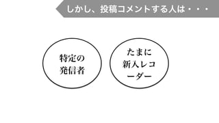 しかし、投稿コメントする⼈人は・・・
特定の
発信者
たまに
新⼊入レコ
ーダー
 
