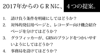 2017年年からの  GRNに、  ４つの提案。
1.  請け負う条件を明確にしてはどうか？
2.  対外的発信⽤用ページと、レコーダー向け機会紹介
ページを分けてはどうか？
3.  グラフィッカーが、GRNのブランドをつかいや
すいようにしてはどうか？
4.  事務局を設けてはどうか？
 