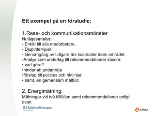 Ett exempel på en förstudie:

1.Rese- och kommunikationsmönster
Nulägesanalys:
- Enkät till alla medarbetare.
- Djupintervjuer.
- Genomgång av tidigare års kostnader inom området.
-Analys som underlag till rekommendationer såsom:
• vad göra?
•hinder att undanröja
•förslag till policies och riktlinjer
• samt, en gemensam målbild

2. Energimätning:
Mätningar vid två tillfällen samt rekommendationer enligt
ovan.
 