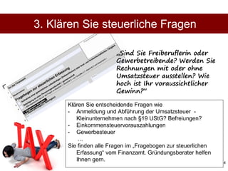 14
Klären Sie entscheidende Fragen wie
- Anmeldung und Abführung der Umsatzsteuer -
Kleinunternehmen nach §19 UStG? Befreiungen?
- Einkommensteuervorauszahlungen
- Gewerbesteuer
…
Sie finden alle Fragen im „Fragebogen zur steuerlichen
Erfassung“ vom Finanzamt. Gründungsberater helfen
Ihnen gern.
3. Klären Sie steuerliche Fragen
„Sind Sie Freiberuflerin oder
Gewerbetreibende? Werden Sie
Rechnungen mit oder ohne
Umsatzsteuer ausstellen? Wie
hoch ist Ihr voraussichtlicher
Gewinn?“
 