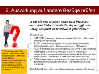 17
Vorsicht bei
- BAFOEG (Freibetrag f. kinderlose Singles 3.880 € in 12 Mon., sonst
Kürzung oder Streichung)
- ALG I (165 € anrechnungsfrei*** bzw. 235 € bei pauschalierten
Betriebsausgaben Max) – kein Anspruch wenn > 14,9h/Woche
- ALG II (Staffel ab 100 € Grundfreibetrag, Max. 300 € o. 330 € mit Kind)
- Elterngeld (Anrechnung: Elterngeld % nur auf Differenz zw.
Nettoeinkünfte Ursprungsberechnung und Nettoeinkünfte Elternzeit; kein
Anspruch wenn Zuverdienst > 2.700 € oder über 30 Std./Woche)
- Frührentner (Wenn < 450 €/Monat + 2 mal im Jahr bis 900 €: Gefahr
der drastischen Kürzung bis Streichung – individuelle Berechnung
erforderlich)
…
(Kindergeld: Kind < 25J. macht 2te Ausbildung u. arbeitet > 20h./Woche)
6. Auswirkung auf andere Bezüge prüfen
„Falls Sie von anderer Seite Geld beziehen:
kann Ihre Teilzeit-Selbstständigkeit ggf. den
Bezug komplett oder teilweise gefährden?“
***Sondertipp: wenn Sie
binnen 18 Monate vor der
Arbeitslosigkeit 12 Monate
regelmäßig im
Nebenerwerb selbstständig
waren, dürfen Sie den
Gewinn behalten (wenn
nicht höher als früher und <
15 Std./W)
AllesInfosohneGewähr
 