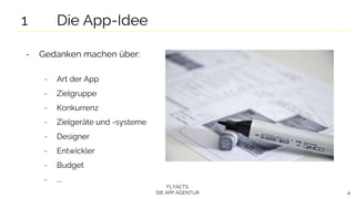 FLYACTS
DIE APP AGENTUR 4
1 Die App-Idee
- Gedanken machen über:
- Art der App
- Zielgruppe
- Konkurrenz
- Zielgeräte und -systeme
- Designer
- Entwickler
- Budget
- ...
 