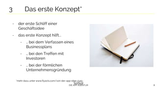FLYACTS
DIE APP AGENTUR 8
- der erste Schliff einer
Geschäftsidee
- das erste Konzept hilft...
- … bei dem Verfassen eines
Businessplans
- … bei den Treffen mit
Investoren
- … bei der förmlichen
Unternehmensgründung
*mehr dazu unter www.flyacts.com/von-der-app-idee-zum-
konzept
3 Das erste Konzept*
 