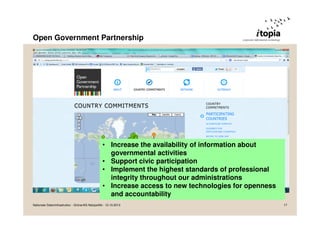 Open Government Partnership

• Increase the availability of information about
governmental activities
• Support civic participation
• Implement the highest standards of professional
integrity throughout our administrations
• Increase access to new technologies for openness
and accountability
Nationale Dateninfrastruktur - Grüne/AG Netzpolitik - 12.10.2013

17

 