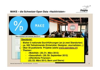 MAKE – die Schweizer Open Data «Hacktivisten»

Steckbrief:
-

Bisher 5 nationale Durchführungen (an je zwei Standorten)
ca. 500 Teilnehmende (Entwickler, Designer, Journalisten...)
Über 50 publizierte Projekte (siehe www.opendata.ch)
Themen:
- «Mobilität» (30./31. März 2012)
- «Gesundheit» (28./29. September 2012)
- «öffentliche Finanzen»
(22./23. März 2013, Bern und Sierre)

Nationale Dateninfrastruktur - Grüne/AG Netzpolitik - 12.10.2013

21

 