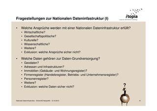 Fragestellungen zur Nationalen Dateninfastruktur (I)
•

Welche Ansprüche werden mit einer Nationalen Dateninfrastruktur erfüllt?
•
•
•
•
•
•

•

Wirtschaftliche?
Gesellschaftspolitische?
Kulturelle?
Wissenschaftliche?
Weitere?
Exklusion: welche Ansprüche sicher nicht?

Welche Daten gehören zur Daten-Grundversorgung?
•
•
•
•
•
•
•

Geodaten?
Adressen und Infrastrukturen?
Immobilien (Gebäude- und Wohnungsregister)?
Firmenregister (Handelsregister, Betriebs- und Unternehmensregister)?
Personenregister?
Weitere?
Exklusion: welche Daten sicher nicht?

Nationale Dateninfrastruktur - Grüne/AG Netzpolitik - 12.10.2013

?

41

 