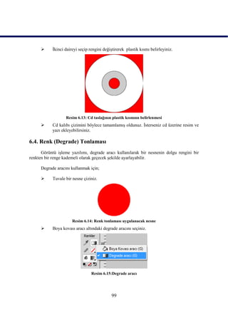      Ġkinci daireyi seçip rengini değiĢtirerek plastik kısmı belirleyiniz.




                   Resim 6.13: Cd taslağının plastik kısmınn belirlenmesi
           Cd kalıbı çizimini böylece tamamlamıĢ oldunuz. Ġsterseniz cd üzerine resim ve
            yazı ekleyebilirsiniz.

6.4. Renk (Degrade) Tonlaması
      Görüntü iĢleme yazılımı, degrade aracı kullanılarak bir nesnenin dolgu rengini bir
renkten bir renge kademeli olarak geçecek Ģekilde ayarlayabilir.

      Degrade aracını kullanmak için;

           Tuvale bir nesne çiziniz.




                       Resim 6.14: Renk tonlaması uygulanacak nesne
           Boya kovası aracı altındaki degrade aracını seçiniz.




                                  Resim 6.15:Degrade aracı




                                             99
 