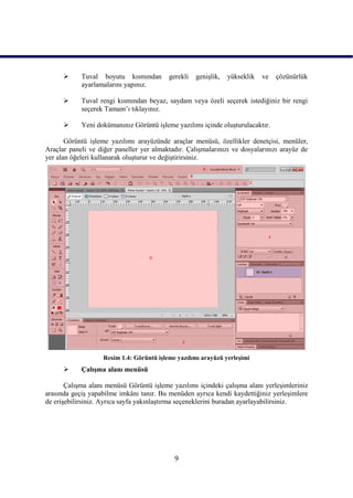      Tuval boyutu kısmından         gerekli   geniĢlik,   yükseklik   ve   çözünürlük
            ayarlamalarını yapınız.

           Tuval rengi kısmından beyaz, saydam veya özeli seçerek istediğiniz bir rengi
            seçerek Tamam‟ı tıklayınız.

           Yeni dokümanınız Görüntü iĢleme yazılımı içinde oluĢturulacaktır.

       Görüntü iĢleme yazılımı arayüzünde araçlar menüsü, özellikler denetçisi, menüler,
Araçlar paneli ve diğer paneller yer almaktadır. ÇalıĢmalarınızı ve dosyalarınızı arayüz de
yer alan öğeleri kullanarak oluĢturur ve değiĢtirirsiniz.




                    Resim 1.4: Görüntü iĢleme yazılımı arayüzü yerleĢimi
           ÇalıĢma alanı menüsü

       ÇalıĢma alanı menüsü Görüntü iĢleme yazılımı içindeki çalıĢma alanı yerleĢimleriniz
arasında geçiĢ yapabilme imkânı tanır. Bu menüden ayrıca kendi kaydettiğiniz yerleĢimlere
de eriĢebilirsiniz. Ayrıca sayfa yakınlaĢtırma seçeneklerini buradan ayarlayabilirsiniz.




                                             9
 