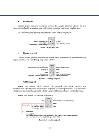       Seç araç seti

     Görüntü iĢleme yazılımı konularına ayrılmıĢ bir Araçlar paneline sahiptir. Bu araç
çubuğu içinde her bir aracın üzerinde geldiğinizde ismini ve kısayolunu görebilirsiniz.

      Bu konularına göre ayrılmıĢ araçlardan bir tanesi de Seç araç setidir.




                                    Resim 1.6: Seç araç seti


            Bitmap araç seti

       Görüntü iĢleme yazılımı var olan bir bitmap resim üzerinde rütuĢ yapabilmeniz için
araçlar panelinde yer alan Bitmap araç setine sahiptir.




                                  Resim 1.7. Bitmap araç seti
            Vektör araç seti

       Vektör araç setinde vektör nesneleri ile çalıĢmak için birçok yardımcı araç
bulunmaktadır. Bu araçlar ile nesnelerinizi oluĢturur ve düzenleyebilirsiniz. Vektör nesnesi
Ģekillerinizi temel Ģekiller, otomatik Ģekiller ve serbest biçimli yollar ile oluĢturabilirsiniz.

      Vektör araç setinde yer alan araçlar Ģunlardır:




                                  Resim 1.8: Vektör araç seti



                                               12
 