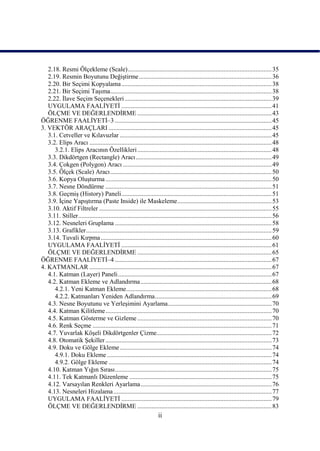 2.18. Resmi Ölçekleme (Scale) .......................................................................................... 35
   2.19. Resmin Boyutunu DeğiĢtirme ................................................................................... 36
   2.20. Bir Seçimi Kopyalama .............................................................................................. 38
   2.21. Bir Seçimi TaĢıma..................................................................................................... 38
   2.22. Ġlave Seçim Seçenekleri ............................................................................................ 39
   UYGULAMA FAALĠYETĠ .............................................................................................. 41
   ÖLÇME VE DEĞERLENDĠRME .................................................................................... 43
ÖĞRENME FAALĠYETĠ–3 .................................................................................................. 45
3. VEKTÖR ARAÇLARI ...................................................................................................... 45
   3.1. Cetveller ve Kılavuzlar ............................................................................................... 45
   3.2. Elips Aracı .................................................................................................................. 48
      3.2.1. Elips Aracının Özellikleri .................................................................................... 48
   3.3. Dikdörtgen (Rectangle) Aracı ..................................................................................... 49
   3.4. Çokgen (Polygon) Aracı ............................................................................................. 49
   3.5. Ölçek (Scale) Aracı ..................................................................................................... 50
   3.6. Kopya OluĢturma ........................................................................................................ 50
   3.7. Nesne Döndürme ........................................................................................................ 51
   3.8. GeçmiĢ (History) Paneli .............................................................................................. 51
   3.9. Ġçine YapıĢtırma (Paste Inside) ile Maskeleme ........................................................... 53
   3.10. Aktif Filtreler ............................................................................................................ 55
   3.11. Stiller ......................................................................................................................... 56
   3.12. Nesneleri Gruplama .................................................................................................. 58
   3.13. Grafikler .................................................................................................................... 59
   3.14. Tuvali Kırpma ........................................................................................................... 60
   UYGULAMA FAALĠYETĠ .............................................................................................. 61
   ÖLÇME VE DEĞERLENDĠRME .................................................................................... 65
ÖĞRENME FAALĠYETĠ–4 .................................................................................................. 67
4. KATMANLAR .................................................................................................................. 67
   4.1. Katman (Layer) Paneli ................................................................................................ 67
   4.2. Katman Ekleme ve Adlandırma .................................................................................. 68
      4.2.1. Yeni Katman Ekleme ........................................................................................... 68
      4.2.2. Katmanları Yeniden Adlandırma ......................................................................... 69
   4.3. Nesne Boyutunu ve YerleĢimini Ayarlama................................................................. 70
   4.4. Katman Kilitleme ........................................................................................................ 70
   4.5. Katman Gösterme ve Gizleme .................................................................................... 70
   4.6. Renk Seçme ................................................................................................................ 71
   4.7. Yuvarlak KöĢeli Dikdörtgenler Çizme........................................................................ 72
   4.8. Otomatik ġekiller ........................................................................................................ 73
   4.9. Doku ve Gölge Ekleme ............................................................................................... 74
      4.9.1. Doku Ekleme ....................................................................................................... 74
      4.9.2. Gölge Ekleme ...................................................................................................... 74
   4.10. Katman Yığın Sırası .................................................................................................. 75
   4.11. Tek Katmanlı Düzenleme ......................................................................................... 75
   4.12. Varsayılan Renkleri Ayarlama .................................................................................. 76
   4.13. Nesneleri Hizalama ................................................................................................... 77
   UYGULAMA FAALĠYETĠ .............................................................................................. 79
   ÖLÇME VE DEĞERLENDĠRME .................................................................................... 83
                                                                     ii
 