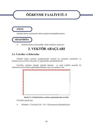 ÖĞRENME FAALĠYETĠ–3

                 ÖĞRENME FAALĠYETĠ–3
     AMAÇ
     Görüntü iĢleme yazılımında vektör araçlarını kullanabileceksiniz.


   ARAġTIRMA

          Görüntü iĢleme yazılımındaki vektör araçlarını araĢtırınız.

                    3. VEKTÖR ARAÇLARI
3.1. Cetveller ve Kılavuzlar
      Görüntü iĢleme yazılımı uygulamasında nesneler ile çalıĢırken yerleĢtirme ve
hizalama için cetveller, kılavuzlar ve ızgaralardan yararlanabilirsiniz.

      Cetveller, sayfanın solunda ,üstünde bulunan ve sayfa içindeki nesneler ile
imlecinizin yerini kolayca görüntüleyebilmeniz için size yardımcı olur.




               Resim 3.1: Görüntü iĢleme yazılımı uygulamalarında cetveller
     Cetvelleri açmak için;

          Görünüm > Cetveller (Ctrl + Alt + R) komutunu kullanabilirsiniz.




                                           45
 