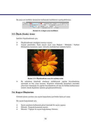 Bu araca ait özellikler denetçisini kullanarak özelliklerini ayarlayabilirsiniz.




                            Resim3.12: Çokgen aracı özellikleri

3.5. Ölçek (Scale) Aracı
    ġekilleri ölçeklendirmek için;

         Ölçeklendirmek istediğiniz nesneyi seçiniz.
         Araçlar panelinden, ölçek aracını seçin veya DeğiĢtir / DönüĢtür / Serbest
          DönüĢtürme komutunu seçin. Görselin etrafında kare noktalar belirir.




                    Resim 3.13: Ölçeklendirme aracı ile seçilmiĢ resim
         Bu noktaların köĢelerde olanlarını sürükleyerek yapılan boyutlandırma
          iĢleminde en boy oranı korunur. KöĢelerin ortalarında (kenarların üzerinde)
          çıkan kare tutamaçlar ile yapılan boyutlandırma alt tuĢu ile birlikte kullanırsanız
          orantılı olarak ölçekleme iĢlemini gerçekleĢtirebilirsiniz.

3.6. Kopya OluĢturma
    Görüntü iĢleme yazılımı size seçimi kopyalama için birden fazla yol sunar.

    Bir seçimi kopyalamak için;

         Seçim araçlarını kullanarak görsel üzerinde bir seçim yapınız.
         Düzenle / Kopyala komutunu seçiniz.
         Düzenle / YapıĢtır ile seçimi kopyalamayı bitiriniz.




                                            50
 