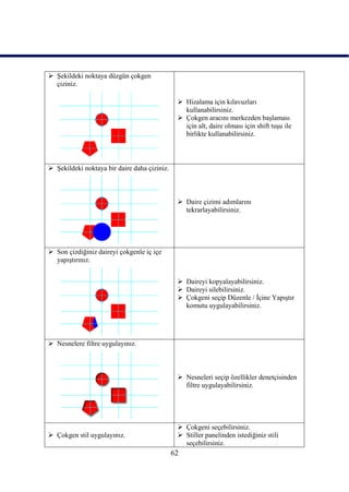  ġekildeki noktaya düzgün çokgen
  çiziniz.

                                                Hizalama için kılavuzları
                                                 kullanabilirsiniz.
                                                Çokgen aracını merkezden baĢlaması
                                                 için alt, daire olması için shift tuĢu ile
                                                 birlikte kullanabilirsiniz.



 ġekildeki noktaya bir daire daha çiziniz.



                                                Daire çizimi adımlarını
                                                 tekrarlayabilirsiniz.




 Son çizdiğiniz daireyi çokgenle iç içe
  yapıĢtırınız.


                                                Daireyi kopyalayabilirsiniz.
                                                Daireyi silebilirsiniz.
                                                Çokgeni seçip Düzenle / Ġçine YapıĢtır
                                                 komutu uygulayabilirsiniz.




 Nesnelere filtre uygulayınız.



                                                Nesneleri seçip özellikler denetçisinden
                                                 filtre uygulayabilirsiniz.




                                                Çokgeni seçebilirsiniz.
 Çokgen stil uygulayınız.                      Stiller panelinden istediğiniz stili
                                                 seçebilirsiniz.
                                              62
 