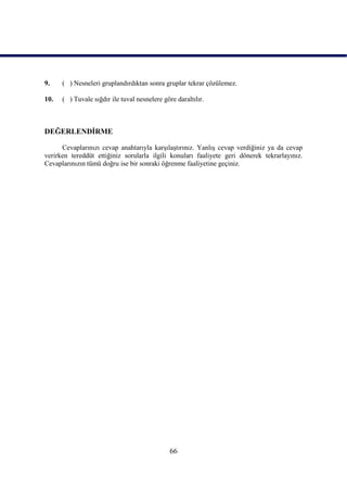 9.    ( ) Nesneleri gruplandırdıktan sonra gruplar tekrar çözülemez.

10.   ( ) Tuvale sığdır ile tuval nesnelere göre daraltılır.



DEĞERLENDĠRME

      Cevaplarınızı cevap anahtarıyla karĢılaĢtırınız. YanlıĢ cevap verdiğiniz ya da cevap
verirken tereddüt ettiğiniz sorularla ilgili konuları faaliyete geri dönerek tekrarlayınız.
Cevaplarınızın tümü doğru ise bir sonraki öğrenme faaliyetine geçiniz.




                                               66
 