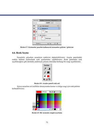Resim 4.7: Katmanlar panelini kullanarak katmanları gizleme / gösterme


4.6. Renk Seçme
      Nesnelerle çalıĢırken nesnelerin renklerini değiĢtirebilirsiniz. Araçlar panelindeki
renkler bölümü kullanılarak renk ayarlamaları yapabilirsiniz. Renk paletinden renk
seçebileceğiniz gibi damlalık yardımıyla çalıĢma alanından herhangi bir rengi seçebilirsiniz.




                              Resim 4.8: Araçlar paneli renk seti
      Ayrıca nesnelere ait özellikler denetçisinden kontur ve dolgu rengi için renk paletini
kullanabilirsiniz.




                          Resim 4.9: Bir nesnenin rengini ayarlama




                                              71
 