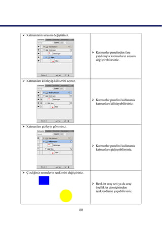  Katmanların sırasını değiĢtiriniz.




                                                    Katmanlar panelinden fare
                                                     yardımıyla katmanların sırasını
                                                     değiĢtirebilirsiniz.




 Katmanları kilitleyip kilitlerini açınız.




                                                    Katmanlar panelini kullanarak
                                                     katmanları kilitleyebilirsiniz.




 Katmanları gizleyip gösteriniz.




                                                    Katmanlar panelini kullanarak
                                                     katmanları gizleyebilirsiniz.




 Çizdiğiniz nesnelerin renklerini değiĢtiriniz.


                                                    Renkler araç seti ya da araç
                                                     özellikler denetçisinden
                                                     renklendirme yapabilirsiniz.




                                              80
 