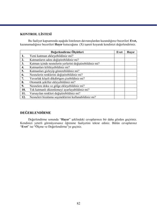 KONTROL LĠSTESĠ
      Bu faaliyet kapsamında aĢağıda listelenen davranıĢlardan kazandığınız becerileri Evet,
kazanamadığınız becerileri Hayır kutucuğuna (X) iĢareti koyarak kendinizi değerlendiriniz.

                        Değerlendirme Ölçütleri                            Evet     Hayır
 1.    Yeni katman ekleyebildiniz mi?
 2.    Katmanların adını değiĢtirebildiniz mi?
 3.    Katman içinde nesnelerin yerlerini değiĢtirebildiniz mi?
 4.    Katmanları kilitleyebildiniz mi?
 5.    Katmanları gizleyip gösterebildiniz mi?
 6.    Nesnelerin renklerini değiĢtirebildiniz mi?
 7.    Yuvarlak köĢeli dikdörtgen çizebildiniz mi?
 8.    Otomatik Ģekiller ekleyebildiniz mi?
 9.    Nesnelere doku ve gölge ekleyebildiniz mi?
 10.   Tek katmanlı düzenlemeyi ayarlayabildiniz mi?
 11.   Varsayılan renkleri değiĢtirebildiniz mi?
 12.   Nesneleri hizalama seçeneklerini kullanabildiniz mi?




DEĞERLENDĠRME
     Değerlendirme sonunda “Hayır” Ģeklindeki cevaplarınızı bir daha gözden geçiriniz.
Kendinizi yeterli görmüyorsanız öğrenme faaliyetini tekrar ediniz. Bütün cevaplarınız
“Evet” ise “Ölçme ve Değerlendirme”ye geçiniz.




                                            82
 