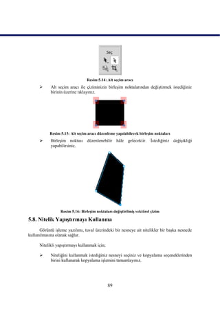 Resim 5.14: Alt seçim aracı
           Alt seçim aracı ile çiziminizin birleĢim noktalarından değiĢtirmek istediğiniz
            birinin üzerine tıklayınız.




            Resim 5.15: Alt seçim aracı düzenleme yapılabilecek birleĢim noktaları
           BirleĢim noktası düzenlenebilir hâle gelecektir. Ġstediğiniz değiĢikliği
            yapabilirsiniz.




                  Resim 5.16: BirleĢim noktaları değiĢtirilmiĢ vektörel çizim

5.8. Nitelik YapıĢtırmayı Kullanma
      Görüntü iĢleme yazılımı, tuval üzerindeki bir nesneye ait nitelikler bir baĢka nesnede
kullanılmasına olanak sağlar.

      Nitelikli yapıĢtırmayı kullanmak için;

           Niteliğini kullanmak istediğiniz nesneyi seçiniz ve kopyalama seçeneklerinden
            birini kullanarak kopyalama iĢlemini tamamlayınız.




                                               89
 
