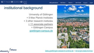 institutional background
University of Göttingen
+ 5 Max Planck Institutes
+ 3 other research institutes
+ 11 associate partners
= Göttingen Campus
goettingen-campus.de
data.goettingen-research-online.de – bit.ly/gro-data-tromso
 