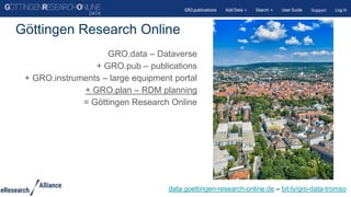 Göttingen Research Online
GRO.data – Dataverse
+ GRO.pub – publications
+ GRO.instruments – large equipment portal
+ GRO.plan – RDM planning
= Göttingen Research Online
data.goettingen-research-online.de – bit.ly/gro-data-tromso
 