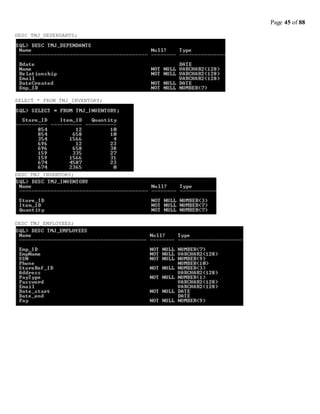 Page 45 of 88
DESC TMJ_DEPENDANTS;
SELECT * FROM TMJ_INVENTORY;
DESC TMJ_INVENTORY;
DESC TMJ_EMPLOYEES;
 