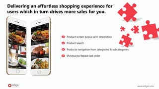 Delivering an effortless shopping experience for
users which in turn drives more sales for you.
www.infigic.com
Products navigation from categories & subcategories
Shortcut to Repeat last order
Product search
Product screen popup with description
 