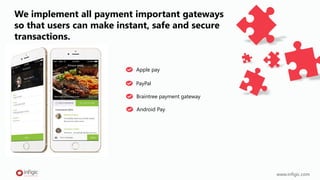 We implement all payment important gateways
so that users can make instant, safe and secure
transactions.
Apple pay
www.infigic.com
PayPal
Braintree payment gateway
Android Pay
 