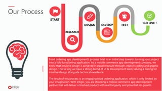 ÝSTART
RESEARCH
DEVELOPDESIGN TEST
GO LIVE !
Our Process
www.infigic.com
Food ordering app development’s process brief is an initial step towards turning your project
into a fully functioning application. As a mobile commerce app development company, we
know that intuitive design is achieved in equal measure through creative coding and graphic
design. That is why we have a strong blend of UI & Development team valuing a feeling for
intuitive design alongside technical excellence.
The result of this process is an engaging food ordering application, which is only limited by
your imagination. With Infigic, you are choosing a mobile commerce app development
partner that will deliver a finished product with real longevity and potential for growth.
 
